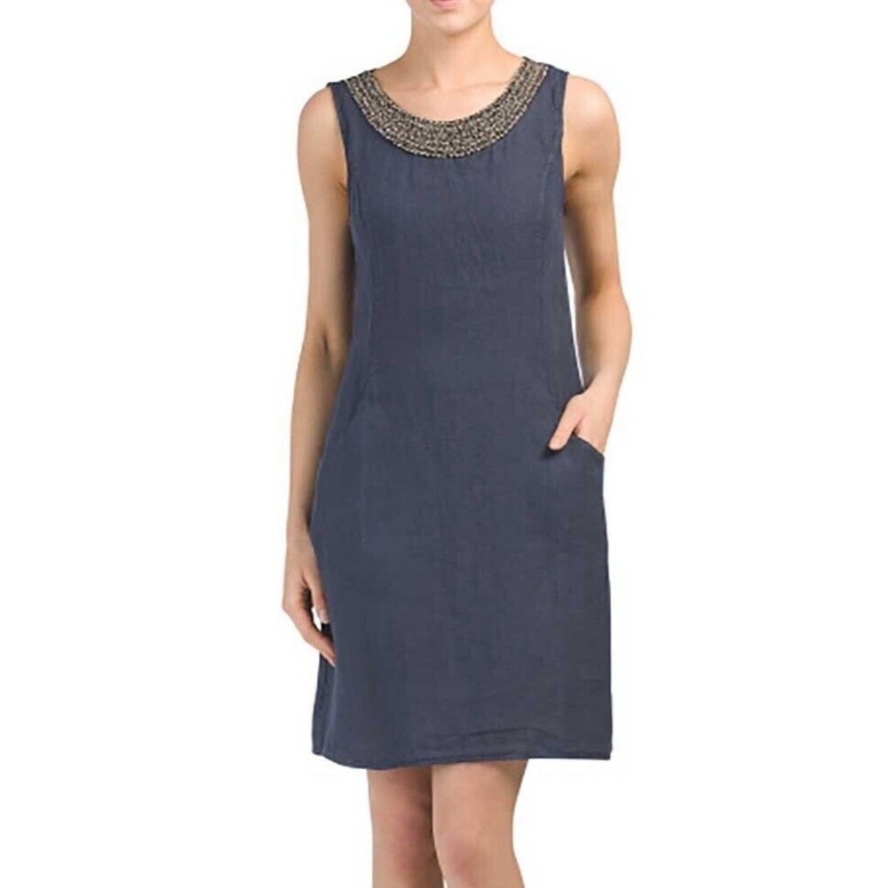 Lina Tomei Italy 100% Linen Chambray Blue Shift Dress Beaded Neck Small